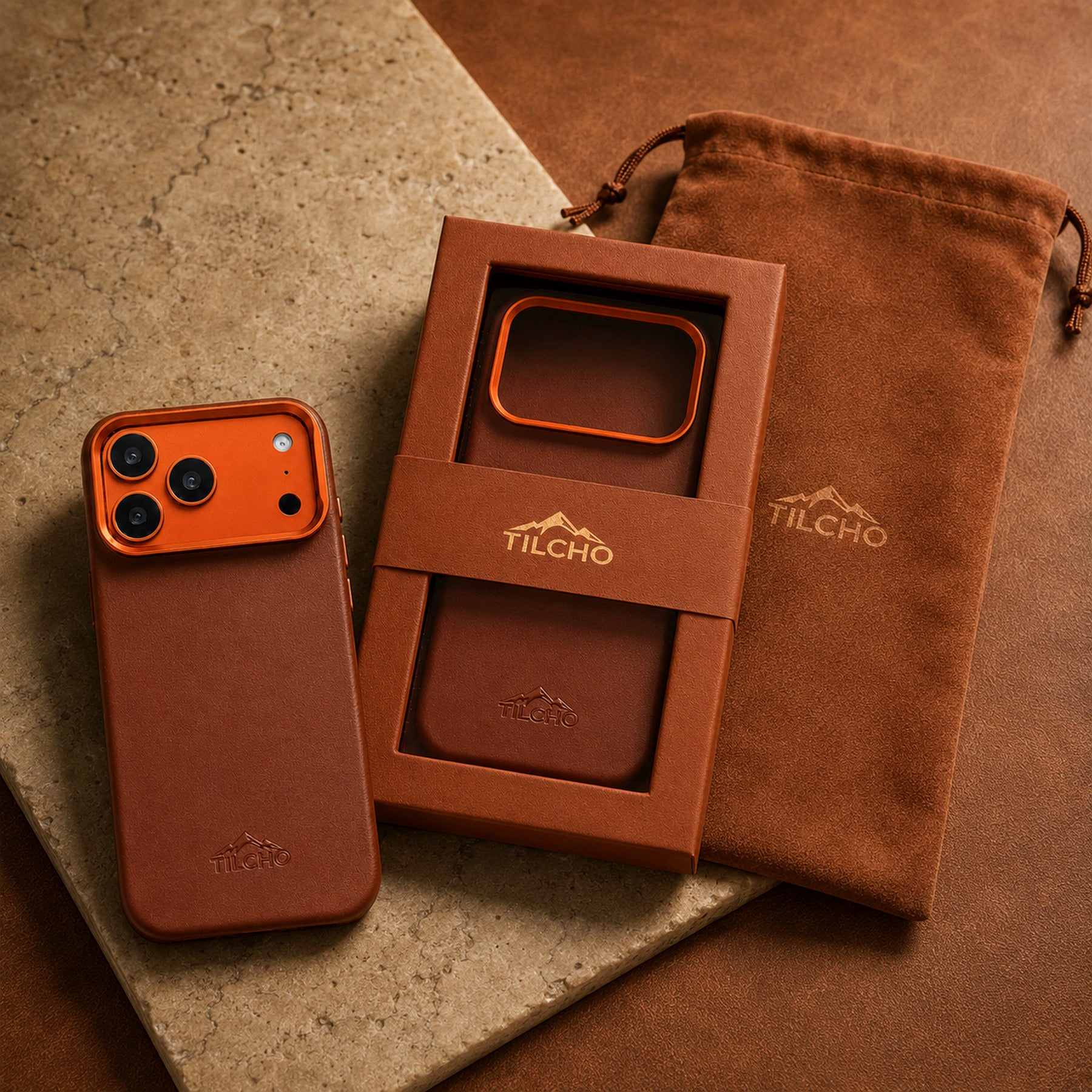 TILCHO case, hand-wrapped box, and microfiber pouch